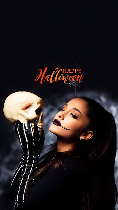 a woman holding a skull in her right hand with the words happy halloween on it Ariana Grande Halloween Ariana Grande Halloween, Ariana Grande Pumpkin, Ariana Grande Jack Skellington, black