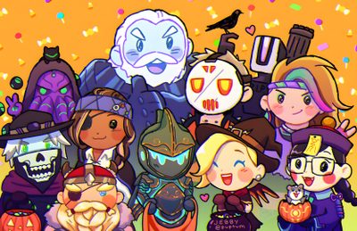 a group of children dressed up in halloween costumes with pumpkins and ghost faces on them Overwatch Halloween Genji X Mercy Halloween, Cute Overwatch, Halloween Overwatch Skins, peru