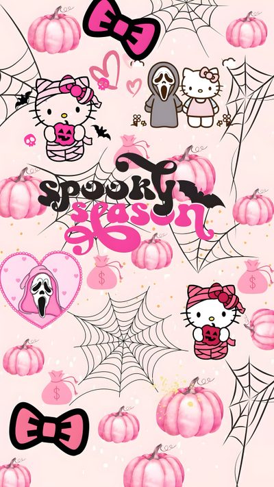 hello kitty halloween wallpaper with pumpkins, spider web and bow ties on it Cute Halloween Hello Kitty Hello Kitty Halloween, Pink Hello Kitty Iphone, Halloween Iphone Backgrounds, linen