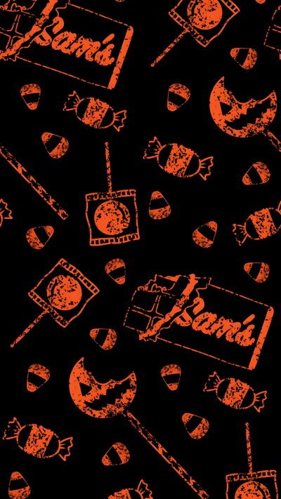 an orange and black background with various items on it, such as candy canes Halloween Sam Halloween Themed, Spooky Backrounds, Halloween Sam, Sam From Trick Or Treat, black