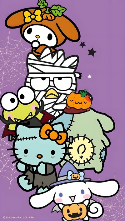 an image of hello kitty and her friends in halloween costumes with pumpkins on their heads Cute Halloween Sanrio Hello Kitty And Friends Halloween, Halloween Hello Kitty And Friends, Sanrio Halloween Iphone, medium purple