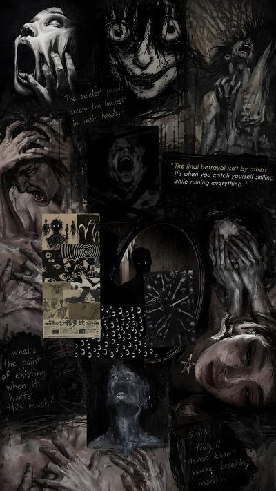 a collage of images with words written on them and faces in different colors, shapes and sizes Lockscreen Grunge Edgy Aesthetic Halloween Aesthetic Dark Iphone, Dark Character, Creepy Beautiful, black