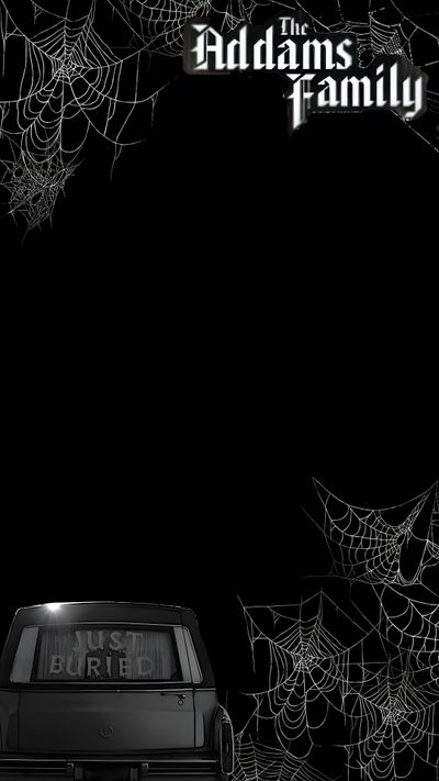 a black and white photo of a car with spider webs on it Halloween Addams Family Adams Family Background, Addams Family Background, Halloween Addams Family, black