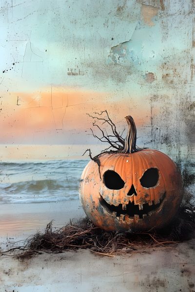 a pumpkin sitting on top of a beach next to the ocean with a face carved into it Beach Halloween Pumpkin On Beach With Hello Friday Text, Coastal Halloween, Goth, Ocean Halloween, dark gray