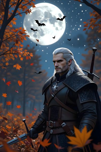 a man dressed as the witch in front of a full moon Witcher Geralt Halloween Witcher Halloween, The Witcher Wall Paper, Geralt Witcher, dark slate gray