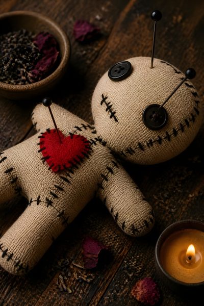 a voodoo doll sitting on top of a wooden table next to a candle and bowl Halloween Voodoo Doll Voodoo Doll Aesthetic, Voodoo Aesthetic, Voodoo Doll, Doll Aesthetic, black