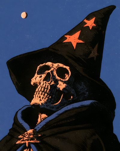 a skeleton wearing a witches hat with stars on it's head and holding a bag Dnd Halloween Nerdy Art, Vintage Horror Comic, Skeleton Pics, Gothic Images, Cool Skeleton, black