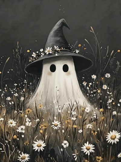 a painting of a wizard hat sitting on top of a field of daisies Aesthetic Halloween Flower Ghost In A Field Of Daisies, Halloween Decoration Ideas, Halloween Ghost Art, dark slate gray