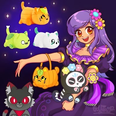 an anime character with many cats and kittens on her shoulder, holding a purse Halloween Aphmau Aphmau Plush, Aphmau Cat Pictures, Aphmau Halloween Pictures, dark slate blue
