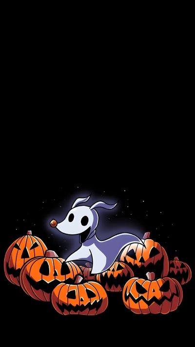 a cartoon dog sitting on top of pumpkins in the dark with jack - o'- lanterns Cute Halloween Jack Skellington Spooky Halloween Backgrounds, Cute Halloween Nightmare Before Christmas, Halloween Iphone Nightmare Before Christmas, black