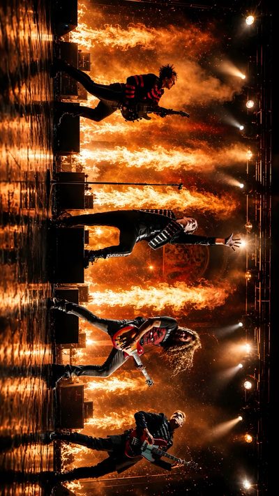 the backs performing on stage in front of an orange and yellow background with spotlights Mcr Halloween Mcr Concert, Music, maroon