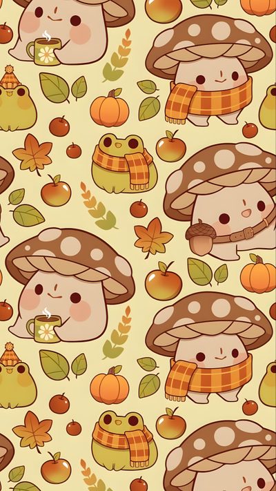 an image of mushrooms and pumpkins on a yellow background with leaves, acorns and apples Cute Halloween Frog Lilo I Stich, Halloween Iphone Backgrounds, Frog, Mushroom, Halloween Cute, burlywood