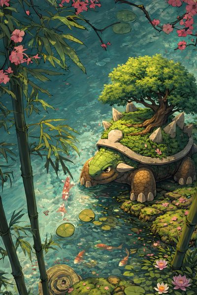 a painting of a turtle in the water surrounded by plants and flowers with fish swimming around it Halloween Torterra Torterra, Turtwig Art, Torterra Art, Pokemon Torterra, Turtwig Pokemon, dark slate gray