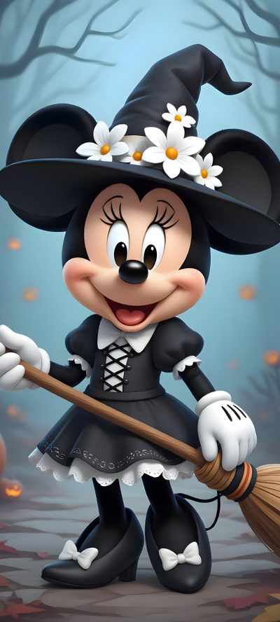 a cartoon mickey mouse dressed up as a witch with flowers on her hat and holding a broom Minnie Halloween Old Cartoon Characters, Minnie Mouse Images, Minnie Mouse Pictures, Baby Minnie, dim gray