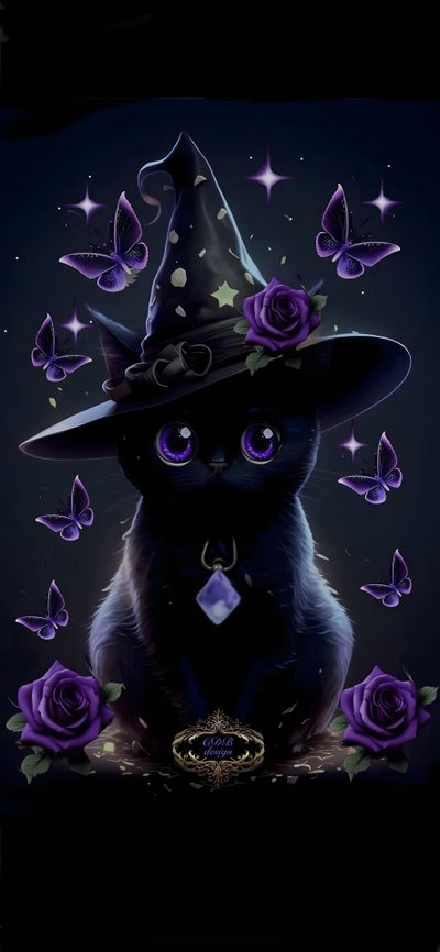 a black cat wearing a witches hat with purple roses and butterflies around it on a dark background Black Cat Diamonds For Halloween In Cute Witch Cat, Black Cat Diamonds For Halloween In, Purple Cat Halloween,