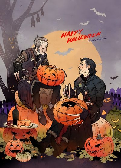 two people sitting on top of pumpkins in front of a full moon with bats Witcher Geralt Halloween Witchercon 4, Witchercon 2, Witchercon 3, Witcher Illustration, dim gray