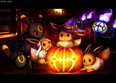 some very cute pokemon characters in front of a pumpkin Eevee Evolutions Halloween Pumpkin Carving, Pokemon, Carving, Pokémon, black