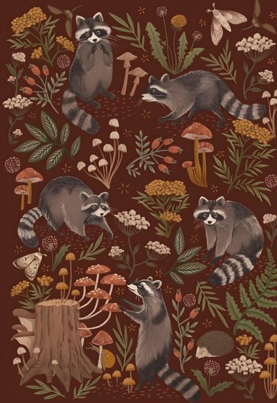 two raccoons in the woods surrounded by mushrooms Halloween Forest Animals Cottagecore Background, Fall Background, Tipos De Arte, Phone Patterns, saddle brown
