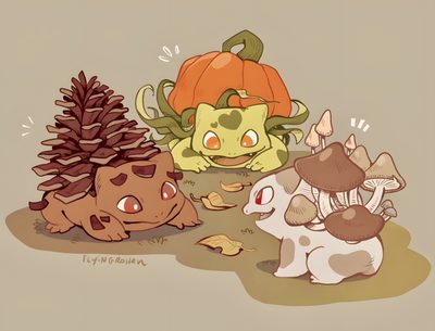 an image of three cartoon animals with pumpkins on their heads and one is holding a pine cone Halloween Bulbasaur Mystical Creatures, Pokemon Bulbasaur, Cute Pokemon, Disney Princess Pictures, tan
