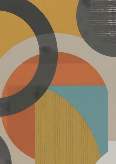 an abstract painting with circles and lines on the wall in yellow, orange, blue, grey and black Halloween Circle Geometric In Ochre Ocre, Modern Ocher Design, Bauhaus Pattern Yellow, peru