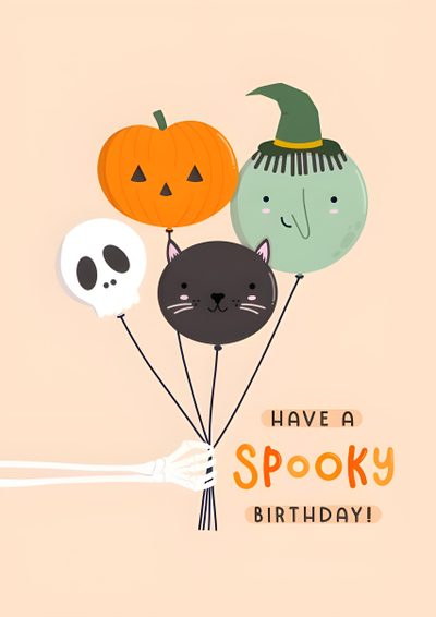 halloween greeting card with cats and pumpkins on the front, says have a spooky birthday Cute Halloween Birthday Happy Birthday Halloween Card, Happy Spooky Birthday, Happy Birthday Halloween Image, bisque