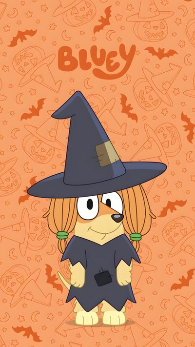 a cartoon dog wearing a witches hat and holding a cell phone in front of an orange background Bluey Halloween Iphone Spooky Halloween Costumes, Bluey Halloween, Bluey And Bingo Fall, sandy brown