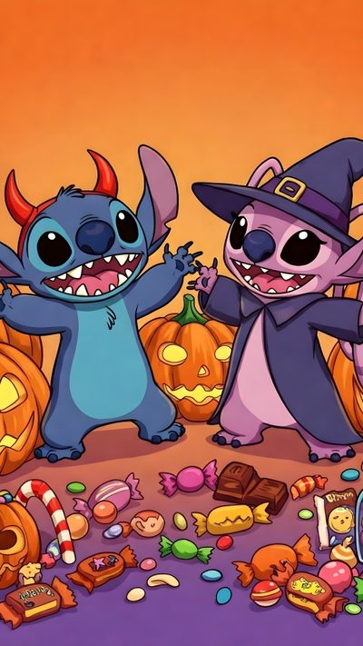 three cartoon characters standing in front of pumpkins and candy Halloween Stitch And Angel Lilo And Stitch Tattoo, Lilo En Stitch, Stitch Tattoo, Stitch Drawing, indian red