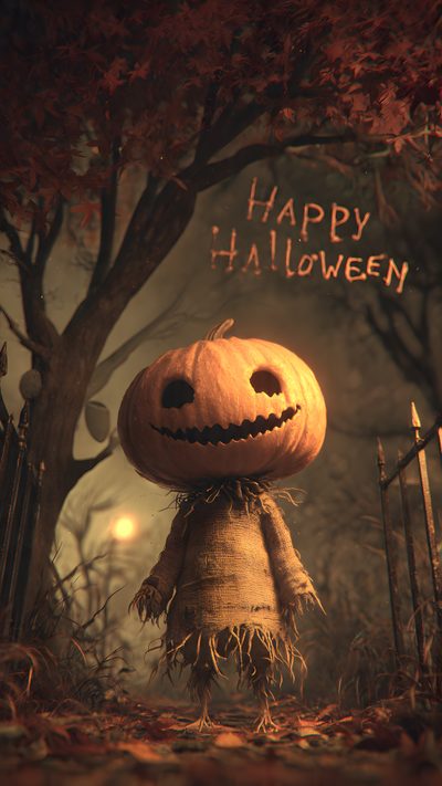 an animated pumpkin with the words happy halloween written on it's face in front of trees Happy Halloween Spooky Halloween Everyday, Halloween Moon, Dark Fantasy Artwork, Unique Dolls, dark slate gray