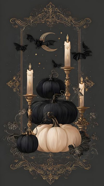 a black and gold halloween card with pumpkins, candles and bats on it's sides Elegant Halloween Spooky Aesthetics, Spooky Goth Aesthetic, Goth Christmas Iphone, dark slate gray
