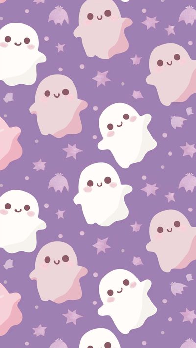 a purple background with white ghost faces and stars Purple Girly Cute Halloween Purple Cute Pastel Aesthetic Halloween Background, Kawaii Cute Purple Halloween, Pastel Purple Halloween, dark gray