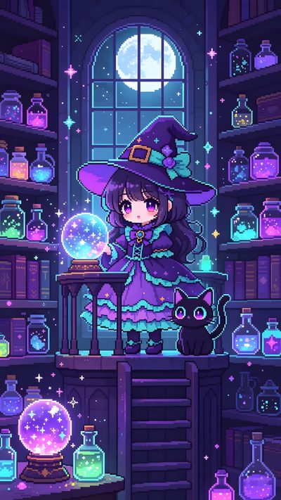a girl in a witch's hat standing next to a black cat and some bottles Halloween Cute Witch Purple Witch Anime, Chibi Witch, Cute Witch, midnight blue