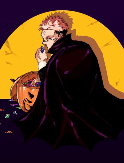 a man in a black cape holding a jack - o'- lantern and talking on a cell phone Sukuna Halloween Jjk Halloween Background, Sukuna Pumpkin, Sukuna Manga Christmas, black