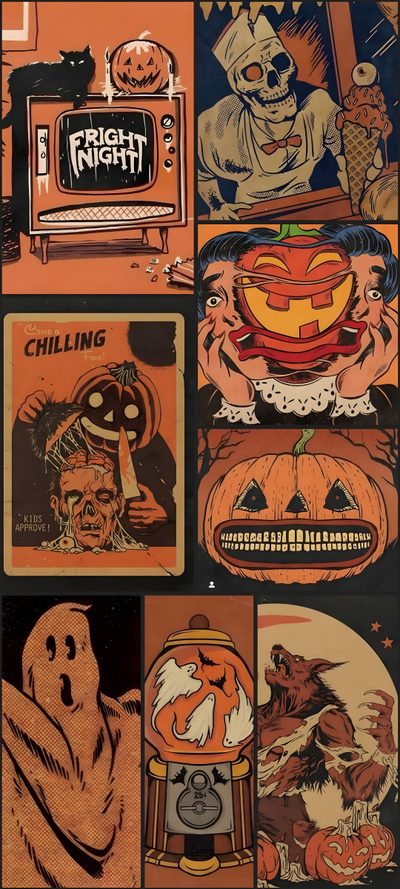 an image of halloween stickers with pumpkins and ghostes on them, all in different colors Aesthetic Retro Vintage Halloween Halloween Collage Wall, Spooky Halloween Collage, Halloween Cute, sienna