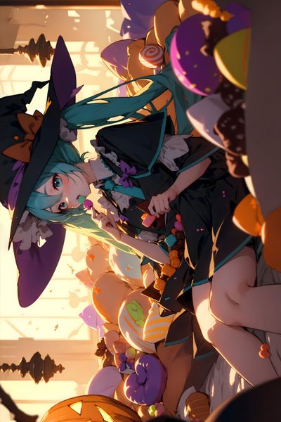 an anime scene with two women dressed as witches Hatsune Miku Halloween Hatsune Miku Halloween, Witch Miku, Miku Pumpkin, Miku Halloween, dark olive green