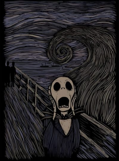 a skeleton with its mouth open standing in front of a starry night sky and the scream Halloween Van Gogh Skeleton Collage, Nightmare Before Christmas, Tim Burton Art, dark slate gray