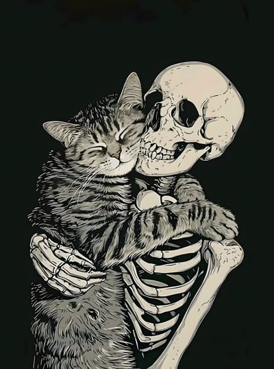 a drawing of a cat hugging a skeleton Kitty Skeleton Halloween Cats Cat Skeleton, Cat And Human Skeleton, Skeleton Holding Cat, black