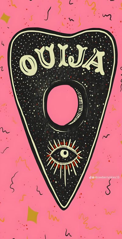 a pink and black poster with an eye on it's triangle, says ouja Halloween Ouija Planchette Ouija Board Pattern, Ouija Board Aesthetic, Ouija Planchette Ideas, light coral