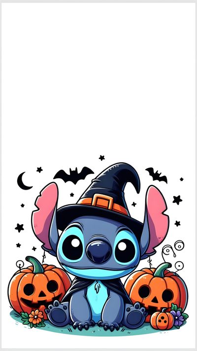 a cartoon character sitting in front of pumpkins and jack - o'- lanterns Preppy Stitch Halloween Lilo Y Stitch Halloween, Stitch Fall Background, Stitch Fall, white