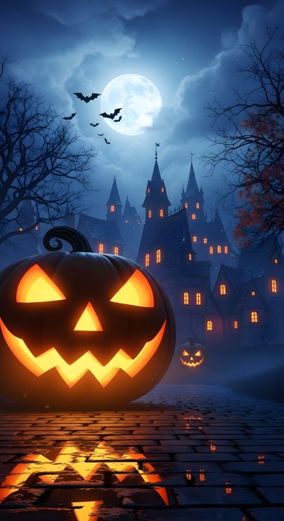 a jack o lantern pumpkin in front of a castle at night Pumpkin Spooky Halloween Pumpkin Elvira Movies, Halloween, Halloween Art, dark slate gray