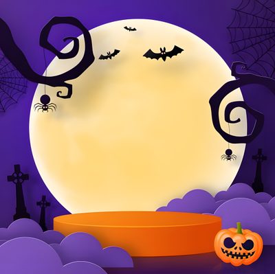 a halloween scene with pumpkins and bats Halloween Podium Halloween Background Square, Halloween Podium, Background Design For Halloween, pale violet red