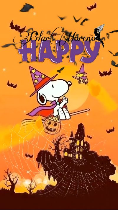 a cartoon dog flying through the air on top of a halloween pumpkin net with bats Snoopy Halloween Gif Cute Halloween Decoration Inspiration, Halloween Greeting Card Ideas, Halloween Snoopy Art, goldenrod