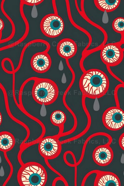 an image of red and blue eyeballs on black background with water droplet Halloween Eyeballs Red-01 Natural Cotton, Cotton Canvas, Eyeball Fabric, dark slate gray