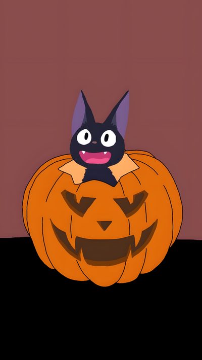 a black cat sitting on top of a jack - o'- lantern with its eyes open Studio Ghibli Halloween Kiki Halloween, Kiki's Delivery Service Pumpkin, Studio Ghibli Halloween, sienna