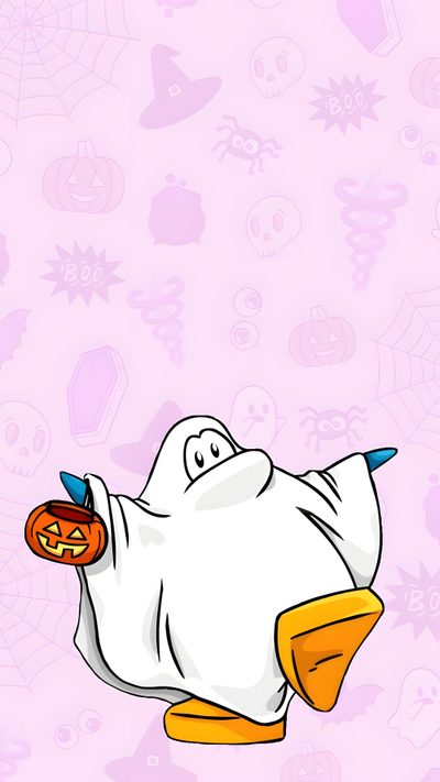 a cartoon ghost with a pumpkin in its mouth on a pink wallpapered background Club Penguin Halloween Club Penguin Ghost, Club Penguin Halloween, Club Penguin Christmas, lavender blush