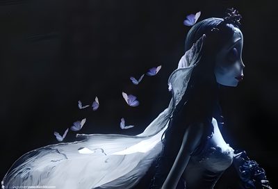 a woman in white dress with butterflies flying around her Halloween Corpse Bride Corpse Bride Pics, Corpse Bride 4k, Corpse Bride Scene, Corpse Bride Hd, black