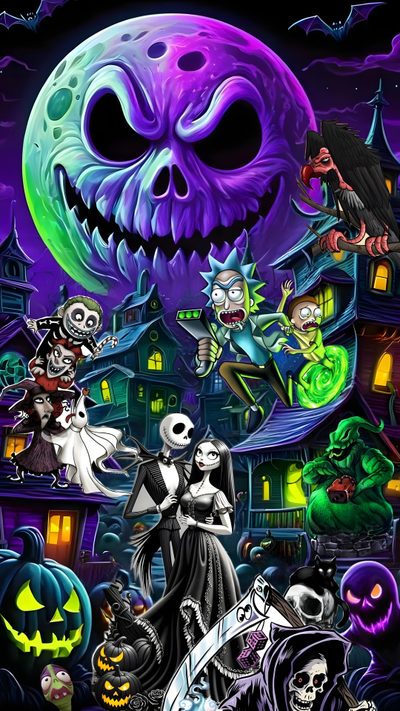 a group of halloween characters in front of a full moon and castle with pumpkins Rick And Morty Halloween Nightmare Before Christmas Tattoo, Christmas Tattoo, Halloween Backgrounds, dark slate gray