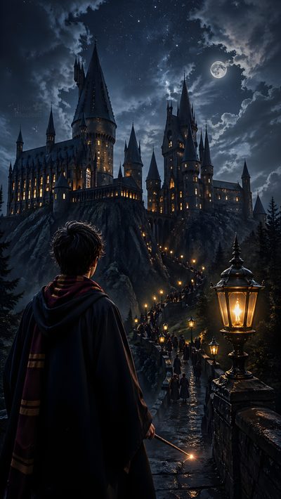 the wizard's castle is lit up at night, with people walking around it Harry Potter Halloween Poster Harry Potter, Space Art Gallery, Harry Potter Background, black