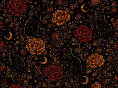 a black cat sitting on top of a flower covered floor next to a red rose Halloween Floral Custom Gothic Pattern, Gift Wrap Printable, Dark Gothic, Halloween, Ipad, black