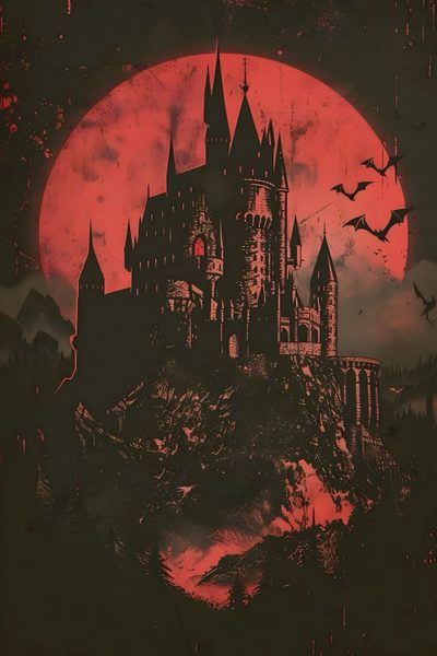 an image of a castle with bats in the sky and blood red moon behind it Dracula Halloween Dracula Vampire Illustration, Castle Dracula Art, Cute Vampire, dark slate gray