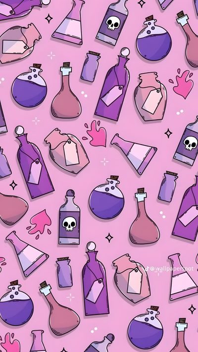 purple and pink bottles with skulls on them are all over the place, as well as hearts Halloween Potion Pink And Purple Halloween, Kawaii Cute Purple Halloween, Pastel Purple Halloween, plum